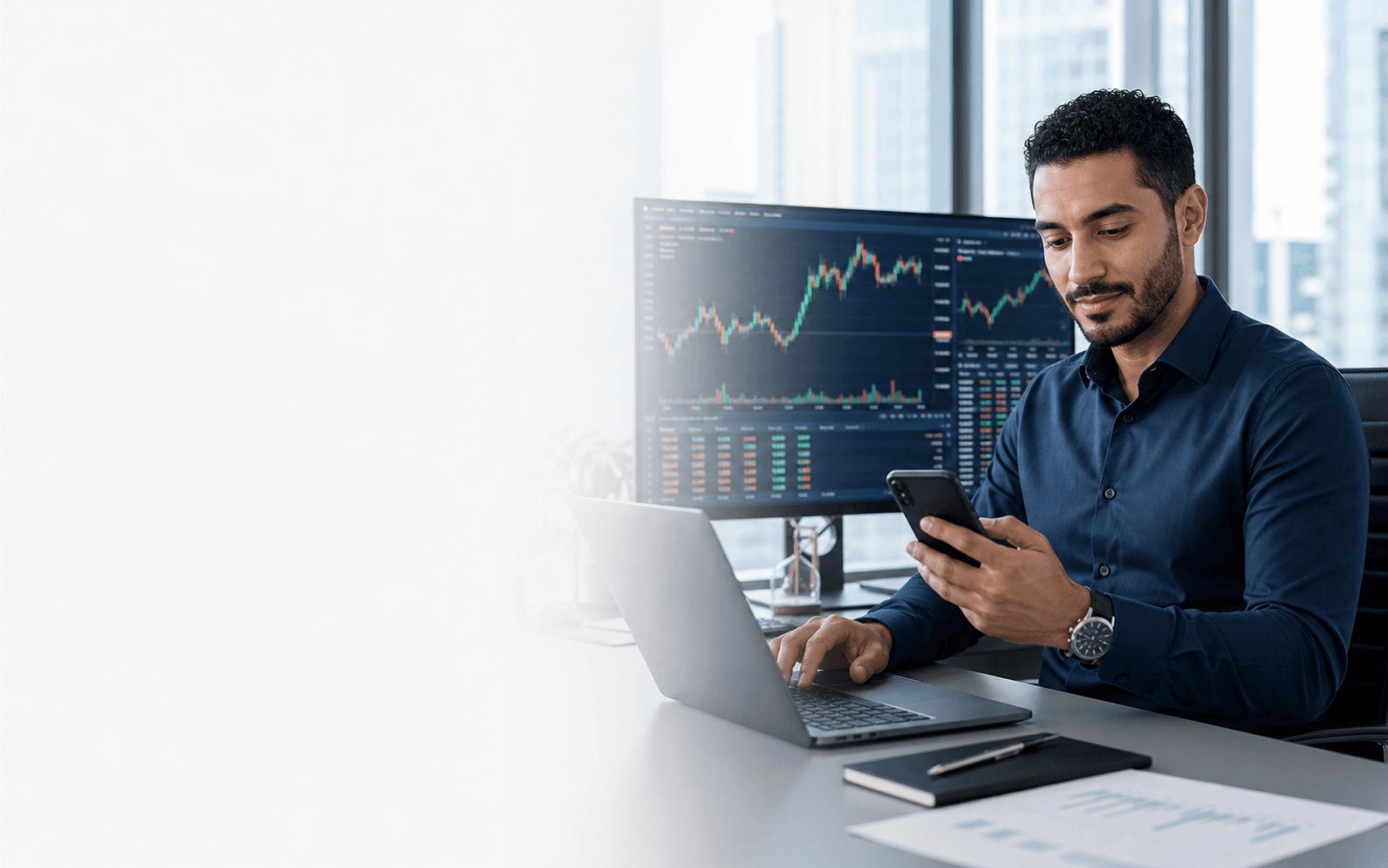Investment professional reviewing market charts while completing account verification